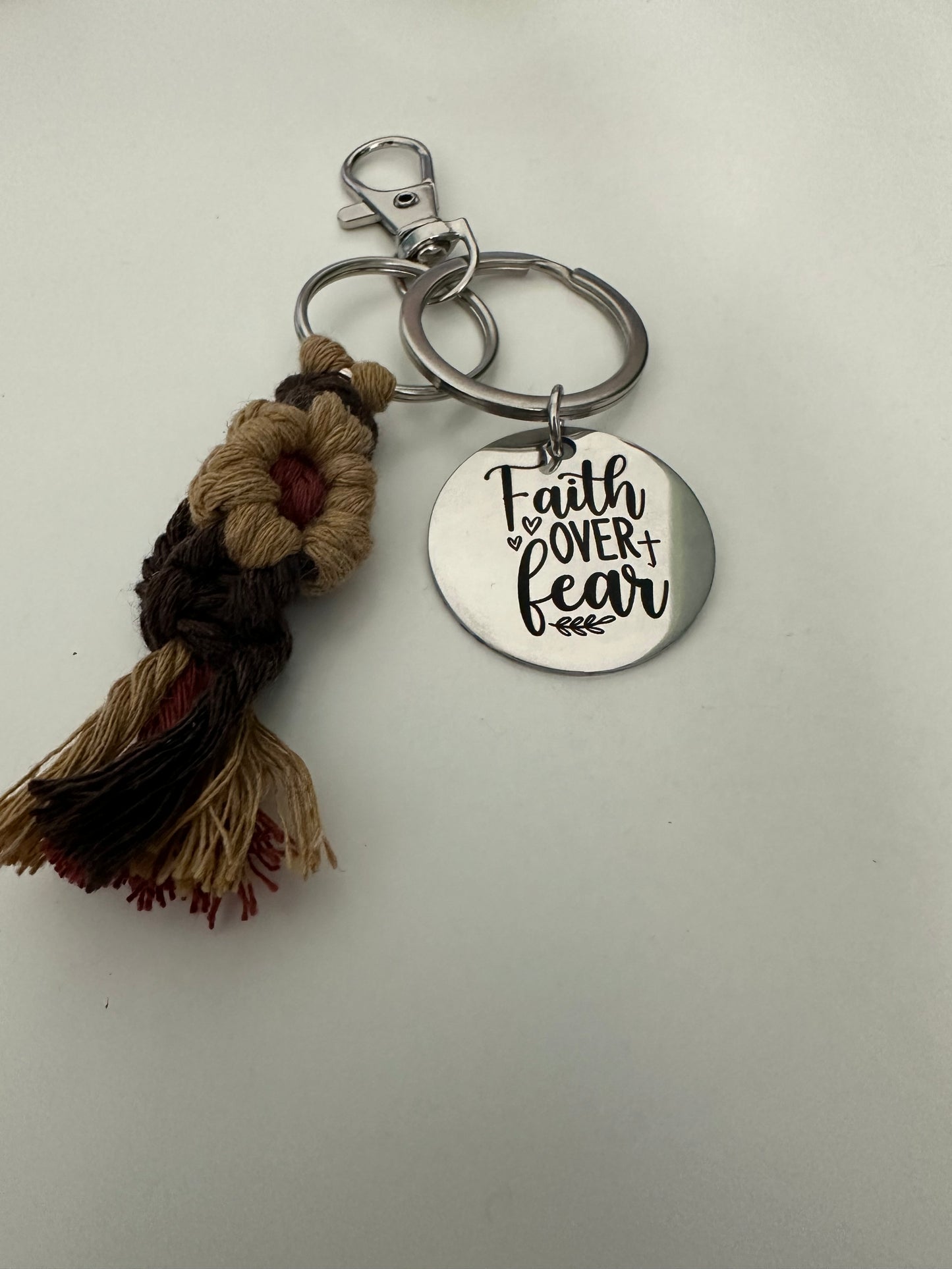 Faith Over Fear Macrame Flower Keychain