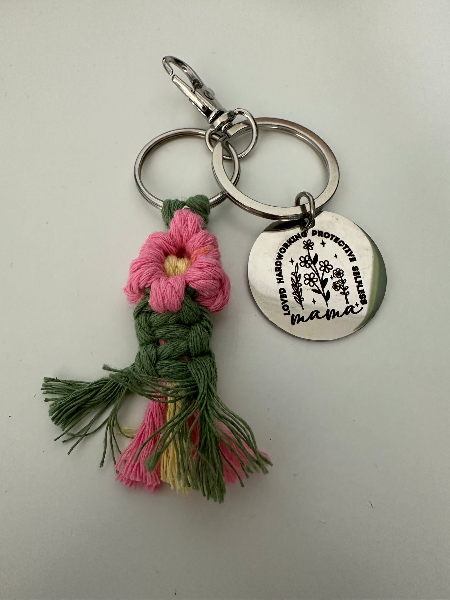 Loved, Hardworking, Protective, Selfless Mama Macrame Flower Keychain