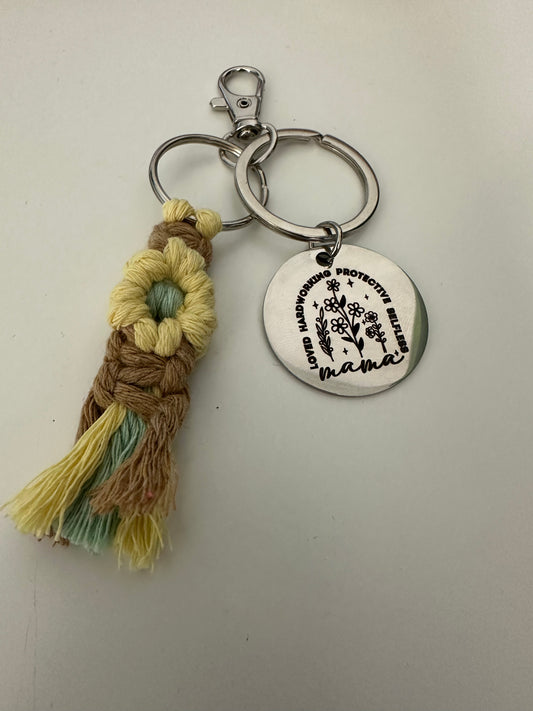 Loved, Hardworking, Protective, Selfless Mama Macrame Flower Keychain