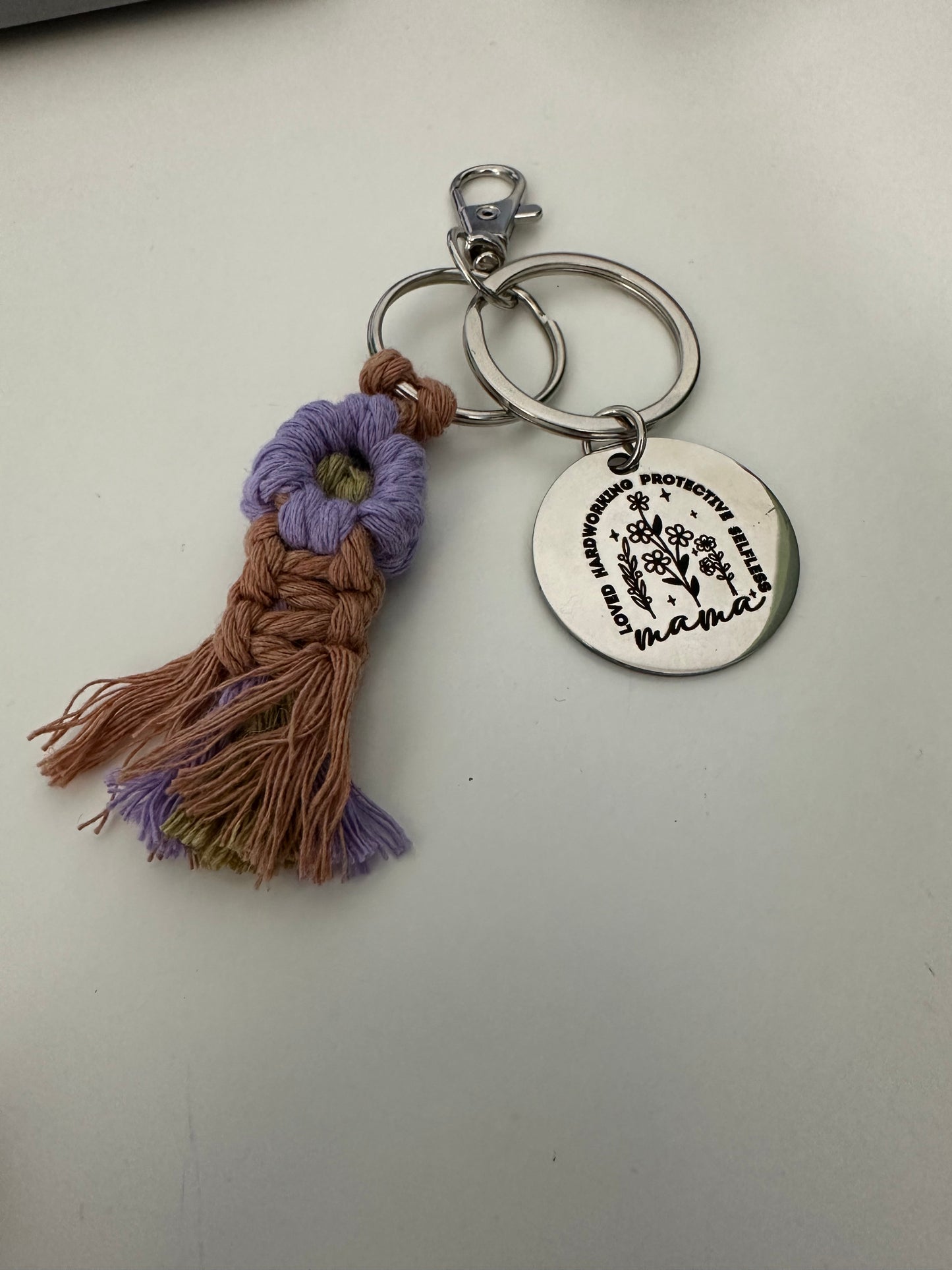 Loved, Hardworking, Protective, Selfless Mama Macrame Flower Keychain