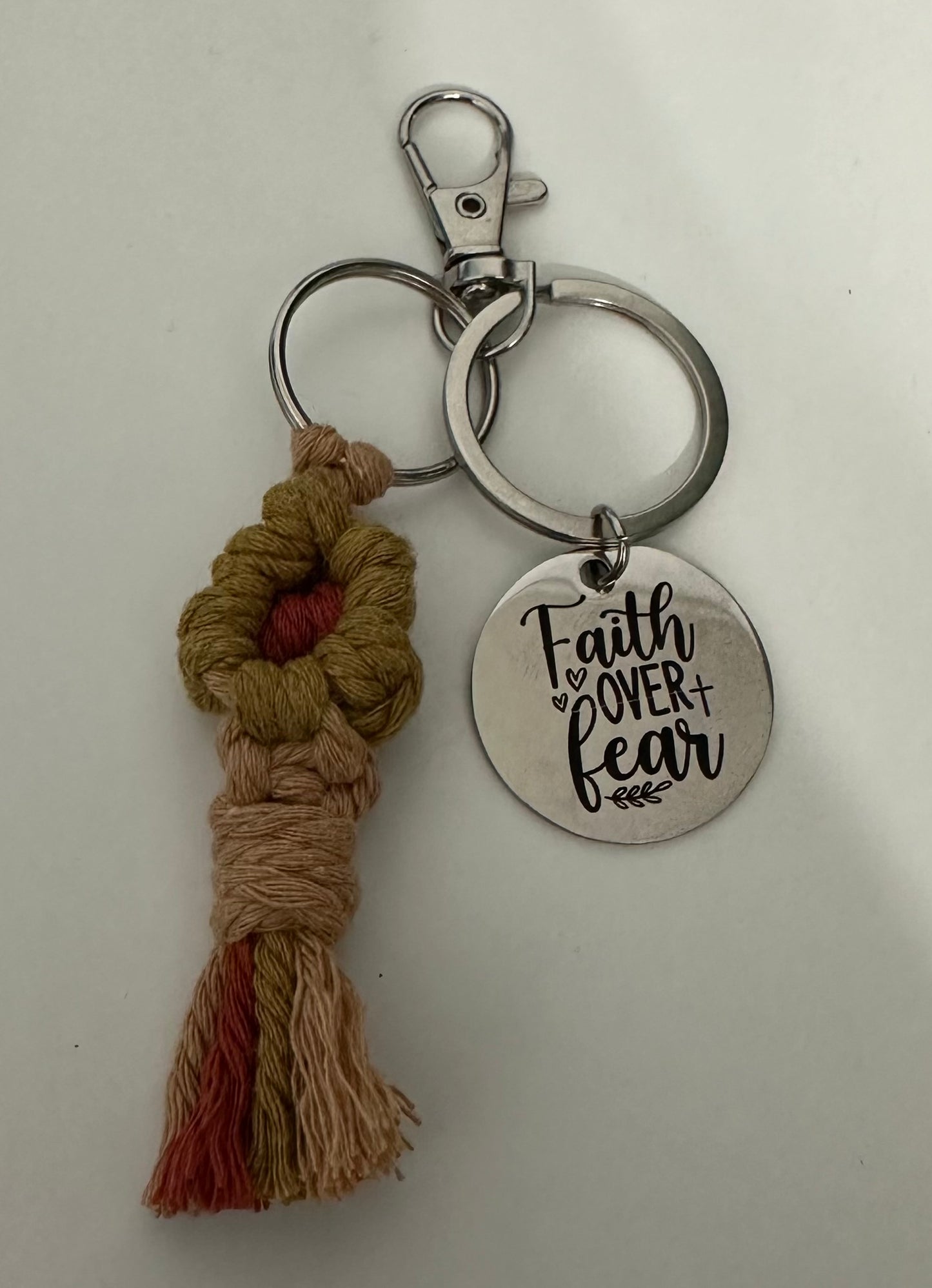 Faith Over Fear Macrame Flower Keychain