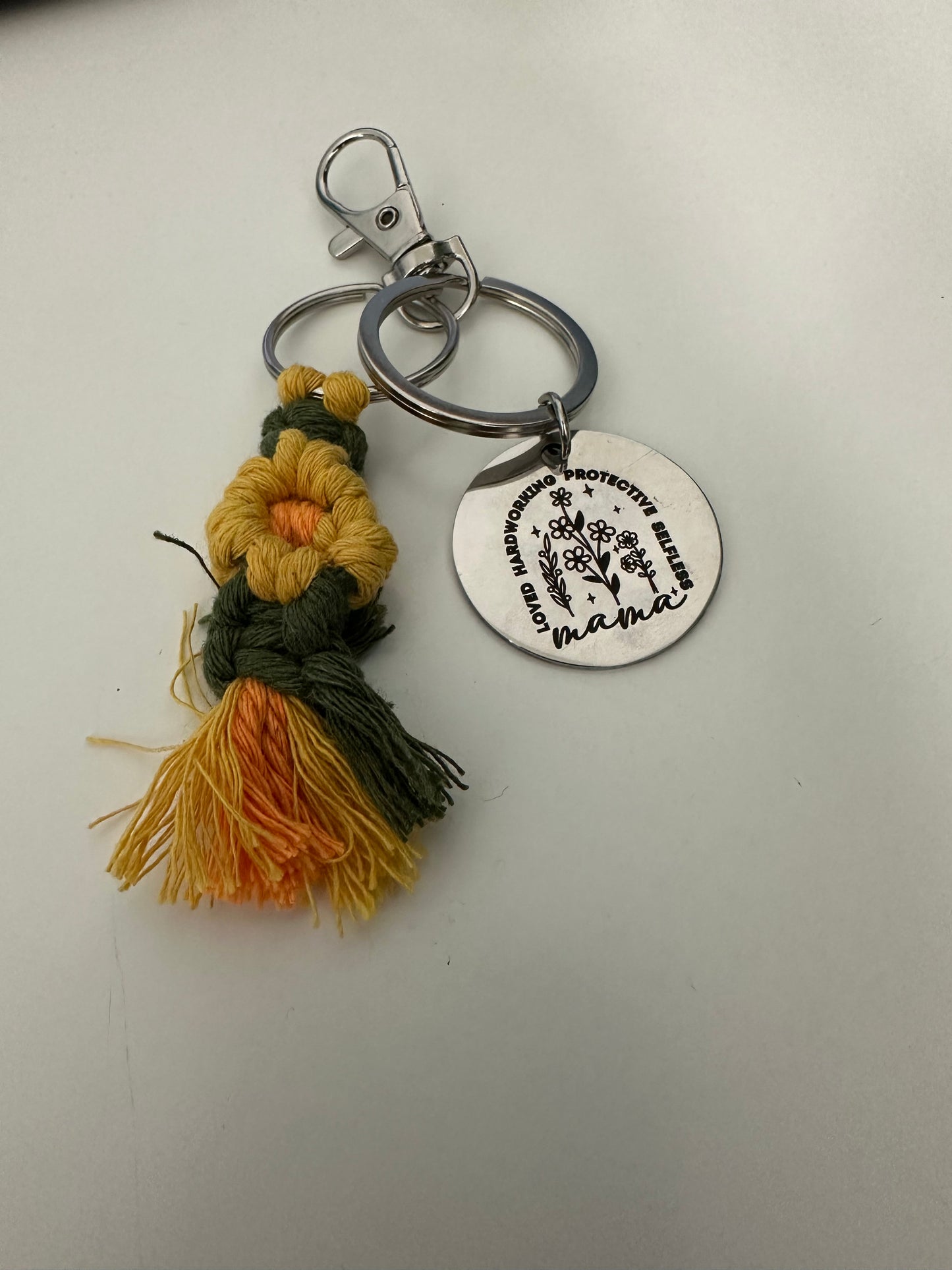 Loved, Hardworking, Protective, Selfless Mama Macrame Flower Keychain