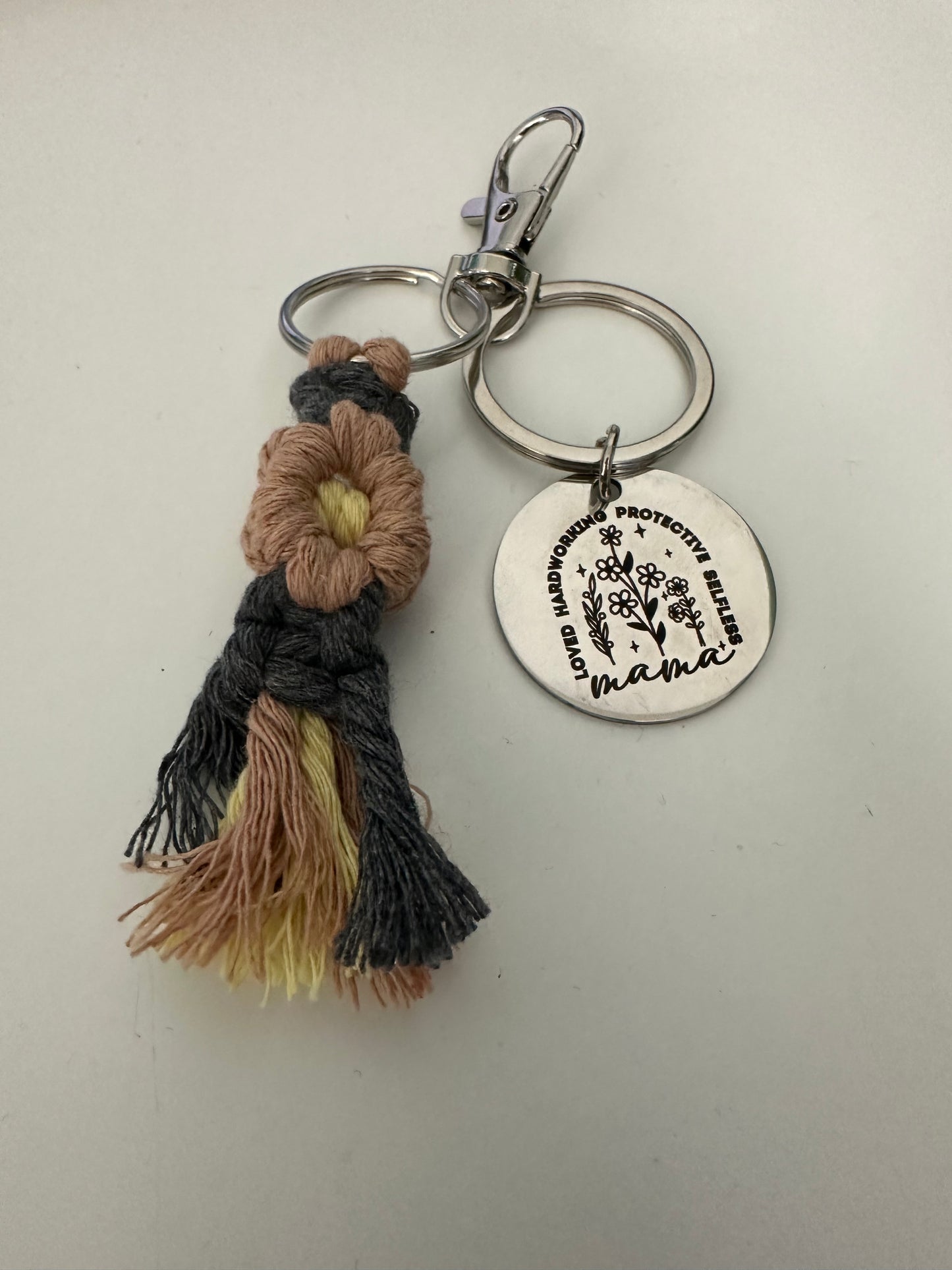 Loved, Hardworking, Protective, Selfless Mama Macrame Flower Keychain