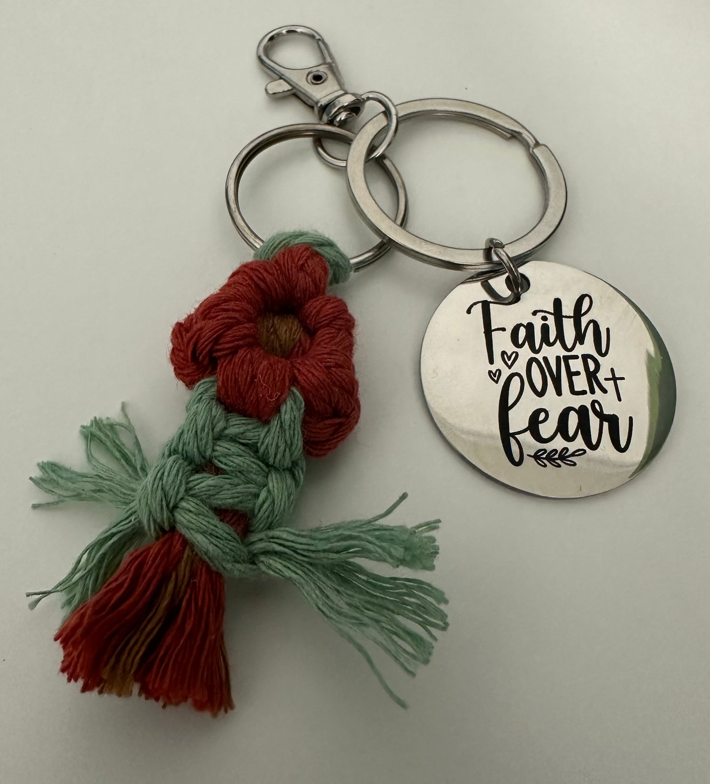 Faith Over Fear Macrame Flower Keychain