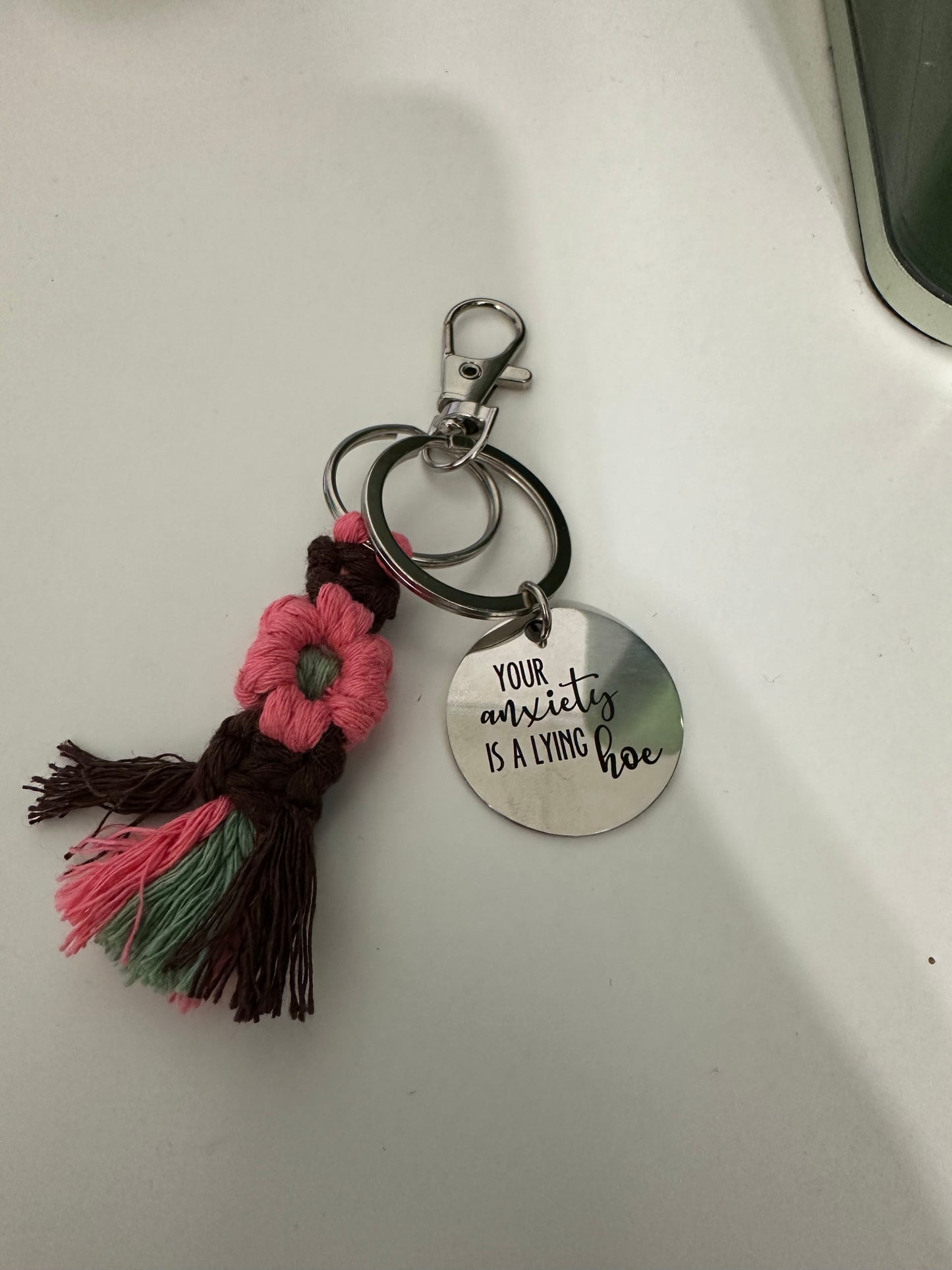 Your Anxiety is a Lying Hoe Macrame Flower Keychain