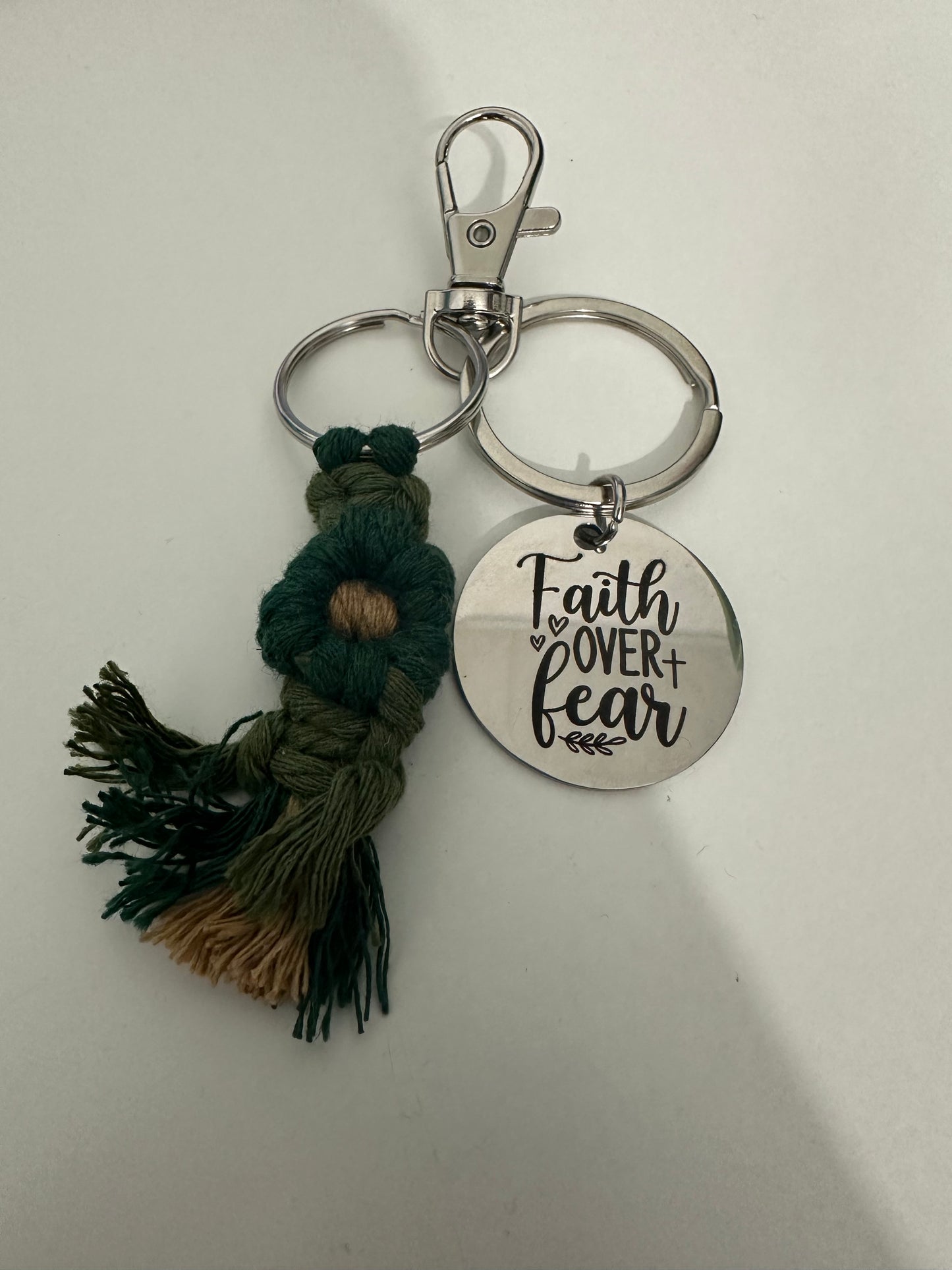 Faith Over Fear Macrame Flower Keychain